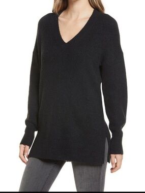 NWT Halogen Cozy Ribbed V-Neck Tunic Sweater Black Oversized XS Nordstrom